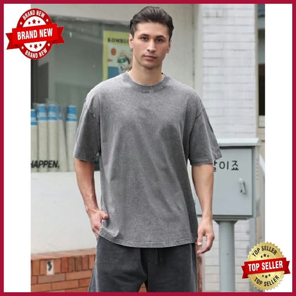 Men's Oversized Cotton T-Shirt Unisex Loose Fit Casual Basic Tee - Picture 4 of 8